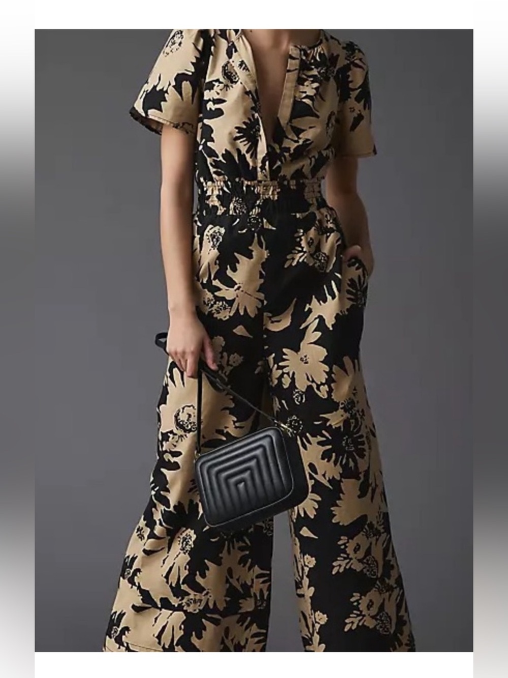 Anthropologie Black and Tan Floral Wide-Leg Somerset Jumpsuit